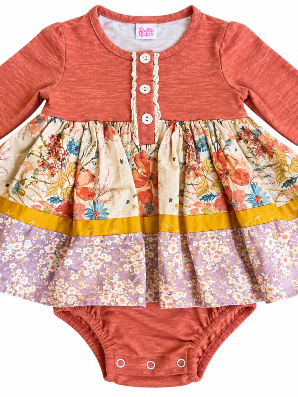 Ruffle Butts Coral Button-Front Baby Onesie Dress with Floral Skirt